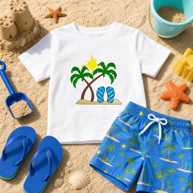 Camiseta De Bebé Playa Linda con Palmeras Bebé (This mockup is a digital representation created using generative AI tools to showcase the design)