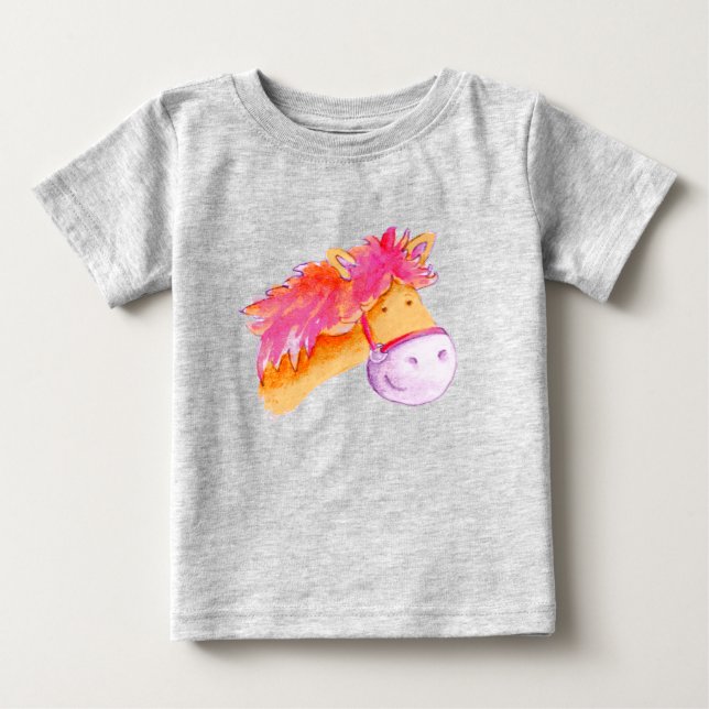 Camiseta De Bebé Pony Cabeza de caballo rosa naranja acuarela arte (Anverso)