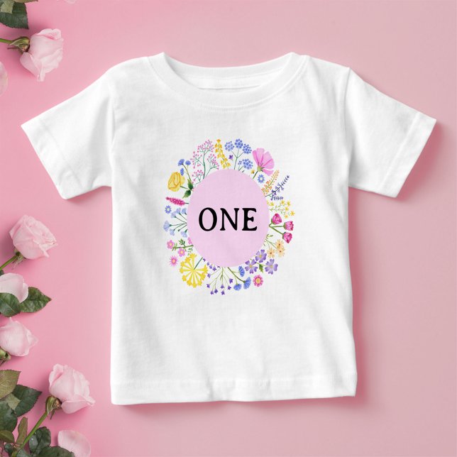Camiseta De Bebé Primavera Flor silvestre Primera bebé cumpleaños (Spring Wildflower First Birthday Baby Girl Baby T-Shirt)