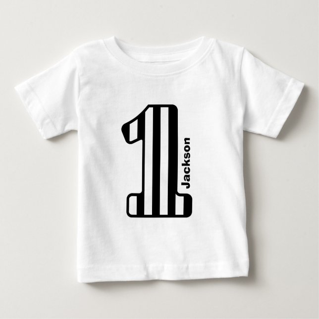 Camiseta De Bebé Primer bebé cumpleaños número grande negro a rayas (Anverso)