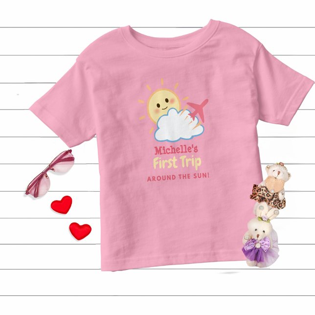 Camiseta De Bebé Primer Chica de cumpleaños avión rosa amarillo Sun (Subido por el creador)