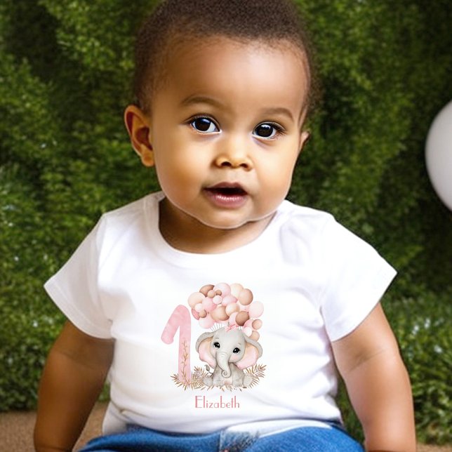 Camiseta De Bebé Primer Chica de cumpleaños lindo elefante rosa (1st Birthday t-shirt with the cutest elephant, number one and name in pink)