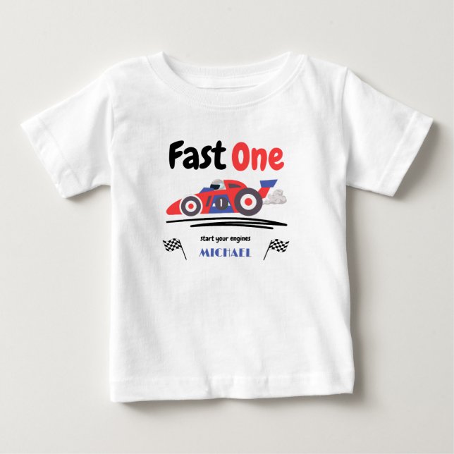 Camiseta De Bebé Primer Cumpleaños A Toda Velocidad Auto de Carrera (Anverso)