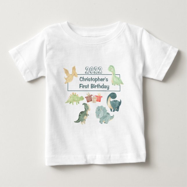 Camiseta De Bebé Primer cumpleaños bebé Cute Dinosaurio acuarela (Anverso)