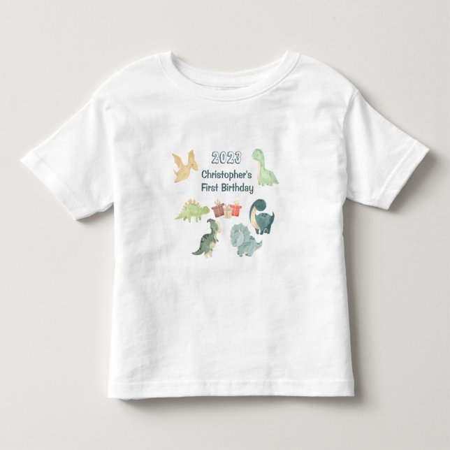 Camiseta De Bebé Primer Cumpleaños Bebé Dinosaurio Adorable Acuarel (Anverso)