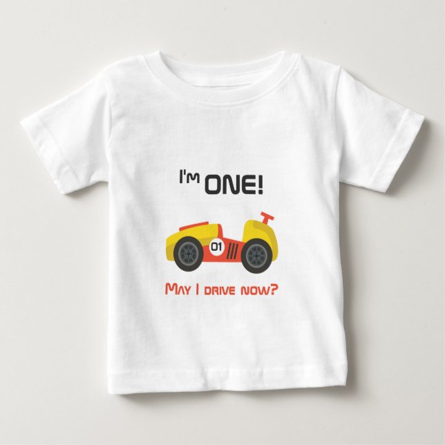 Camiseta De Bebé Primer Cumpleaños, Coche de Carreras, Texto Divert (Anverso)