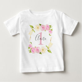 Camiseta De Bebé Primer cumpleaños de Chica rosa de floral Wreath