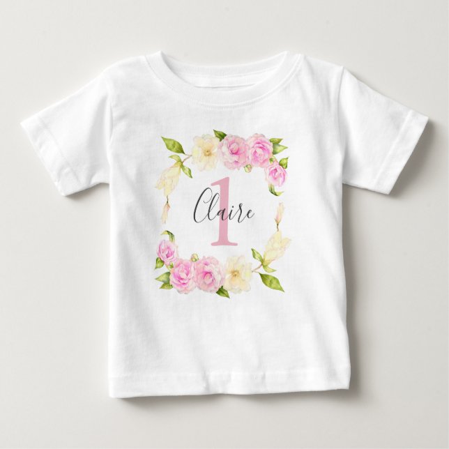 Camiseta De Bebé Primer cumpleaños de Chica rosa de floral Wreath (Anverso)