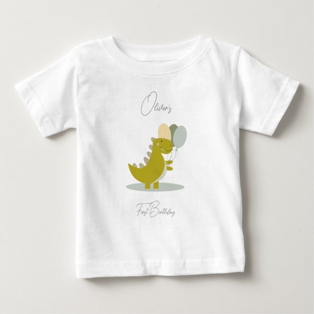 Camiseta De Bebé Primer cumpleaños de Dinosaurio Yellow Green Grey (Anverso)