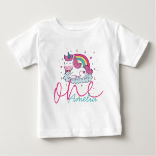 Camiseta De Bebé Primer cumpleaños de Girly Unicorn