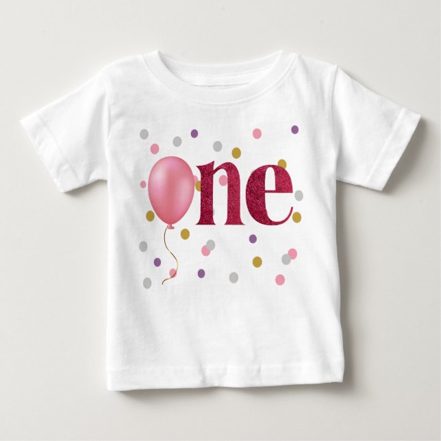 Camiseta De Bebé Primer cumpleaños de Globo Rosa y Confetti (Anverso)