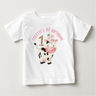 Camiseta De Bebé Primer cumpleaños de One Cow Moos, Purpurina de o