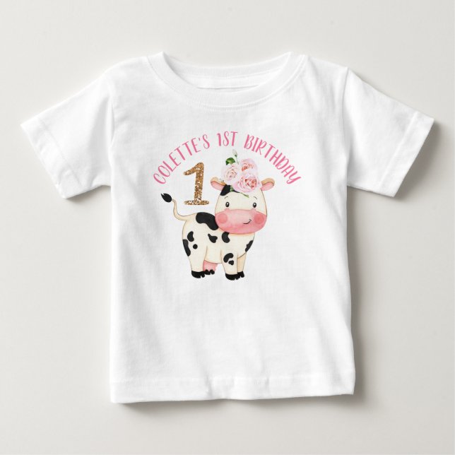 Camiseta De Bebé Primer cumpleaños de One Cow Moos, Purpurina de or (Anverso)
