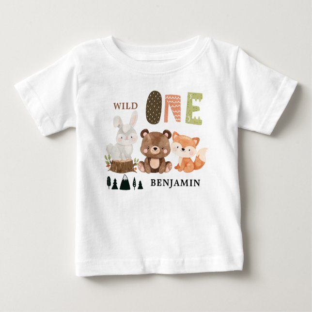 Camiseta De Bebé Primer cumpleaños de WILD ONE Woodland personaliza (Anverso)