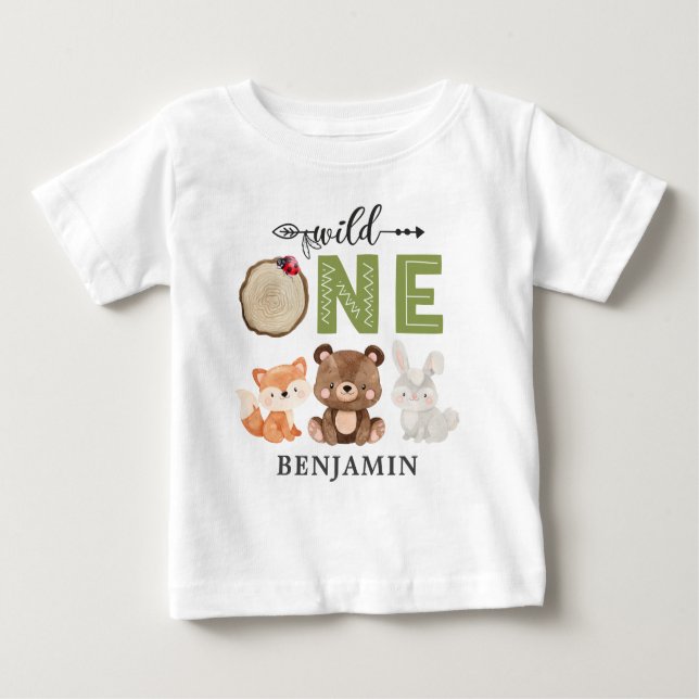 Camiseta De Bebé Primer cumpleaños de WILD ONE Woodland personaliza (Anverso)