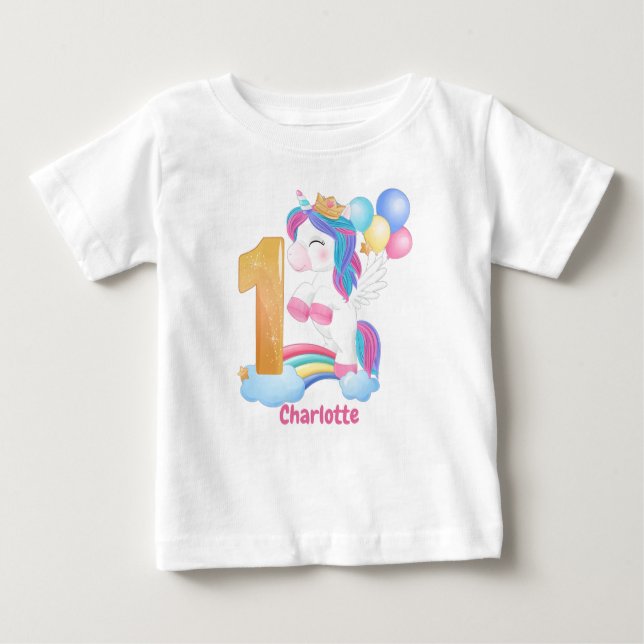 Camiseta De Bebé Primer cumpleaños del arcoiris de Unicornio (Anverso)