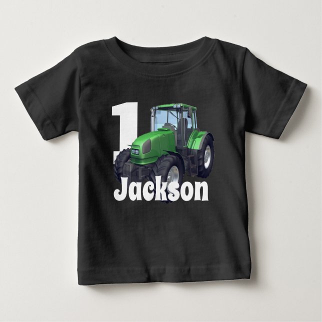 Camiseta De Bebé Primer cumpleaños del Tractor Verde Personalizado  (Anverso)