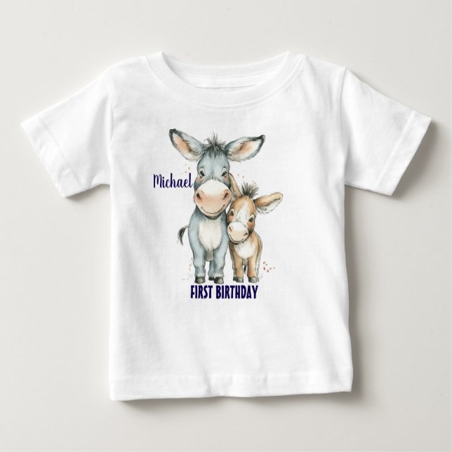 Camiseta De Bebé Primer cumpleaños lindo burro personalizado (Anverso)