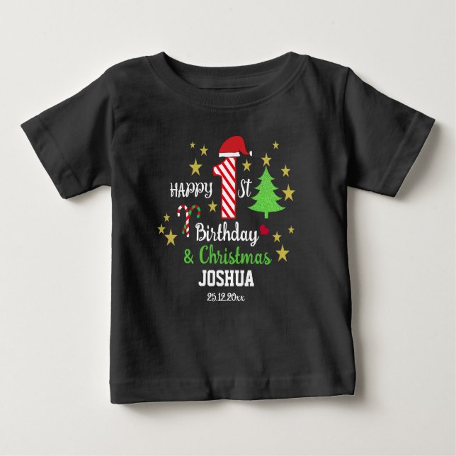 Camiseta De Bebé Primer cumpleaños personalizado y primer negro de  (Anverso)