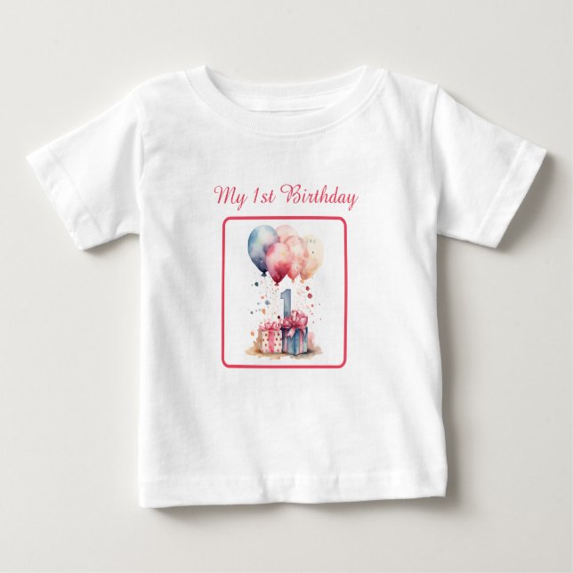 Camiseta De Bebé Primer cumpleaños - Regalos de acuarela y globos - (Anverso)