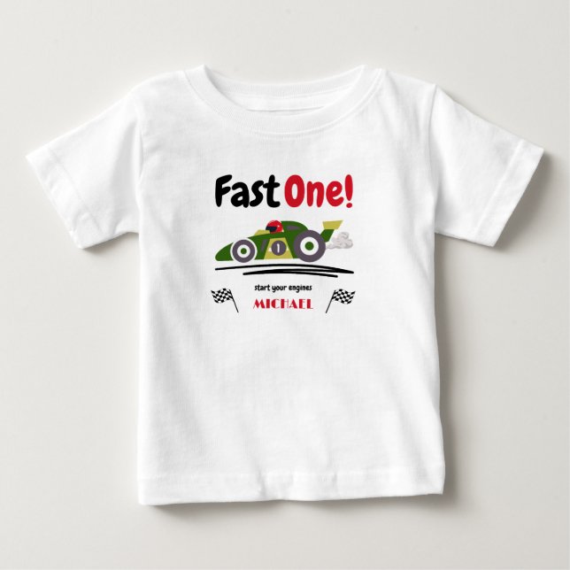 Camiseta De Bebé Primer Cumpleaños Veloz Uno Verde Coche de Carrera (Anverso)