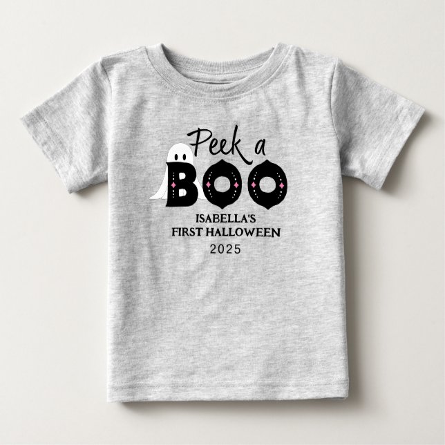 Camiseta De Bebé Primer Halloween del bebé personalizado Peek A Boo (Anverso)