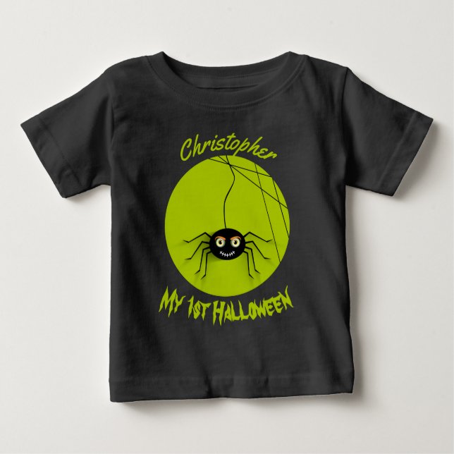 Camiseta De Bebé Primer Halloween personalizado Araña Espeluznante (Anverso)