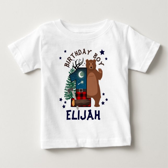 Camiseta De Bebé Primer Lumberjack de Cumpleaños | Woodland (Anverso)