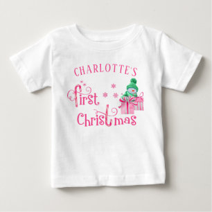 Camiseta De Bebé Primer Navidad de Bebé Muñeco de Nieve Rosa y Copo