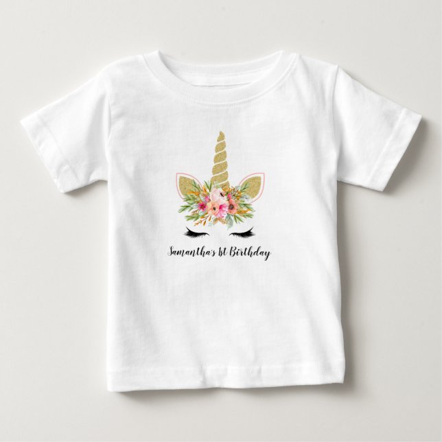 Camiseta De Bebé Primer Purpurina de la ropa de cumpleaños Unicorn  (Anverso)