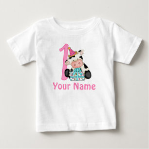Camiseta De Bebé Primera vaca del rosa del chica del cumpleaños