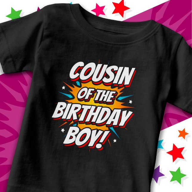 Camiseta De Bebé Primo de Cumpleañero de Fiesta de Superhéroes Cómi (Subido por el creador)