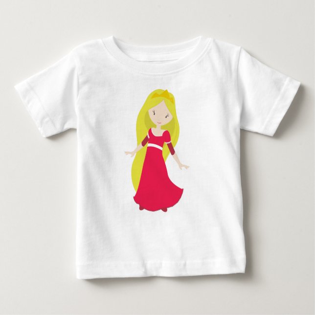 Camiseta De Bebé Princesa Cuta, Corona, Pelo Rubio, Vestido Rojo (Anverso)