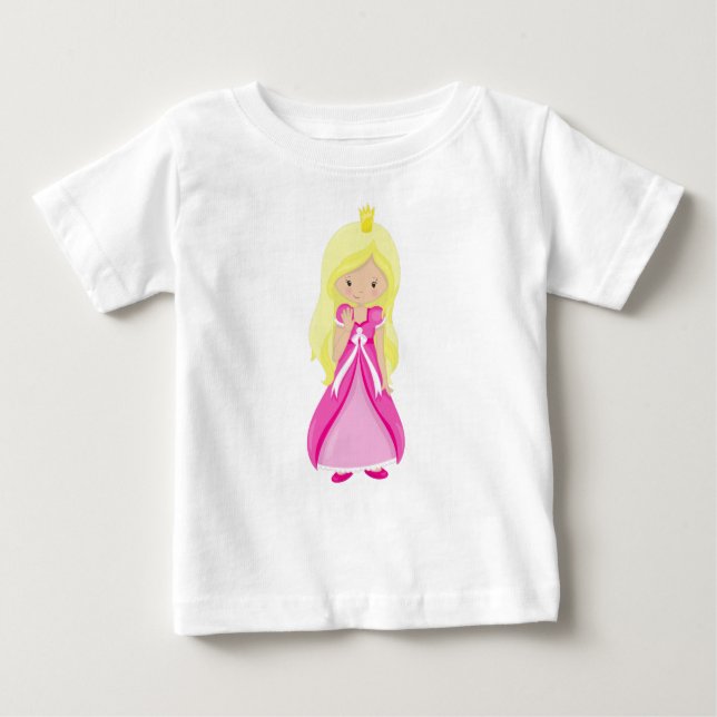 Camiseta De Bebé Princesa Cuta, Corona, Pelo Rubio, Vestido Rosa (Anverso)