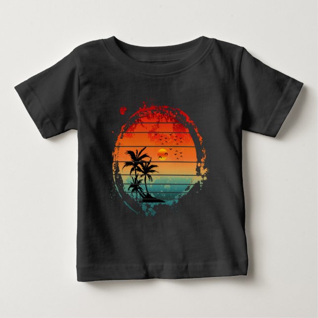 Camiseta De Bebé puesta de sol de moda con palmera (Anverso)