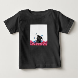 Camiseta De Bebé Pug Negro Con Mariposas Azules Y Gerberas