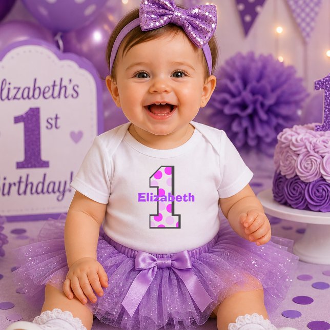 Camiseta De Bebé Punto Simple Morado Cumpleaños número 1 (Purple Polka Dot Simple 1 First Birthday Baby T-Shirt)