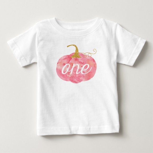 Camiseta De Bebé Purpurina de calabaza acuarela Chica primer cumple (Anverso)
