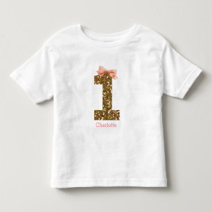 Camiseta De Bebé Purpurina de Oro de Bow Rosado Primer Cumpleaños