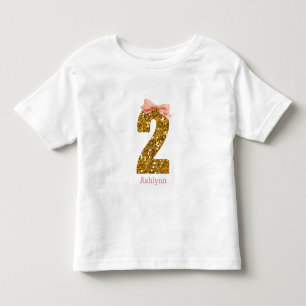 Camiseta De Bebé Purpurina de oro de Bow rosado Segundo Cumpleaños