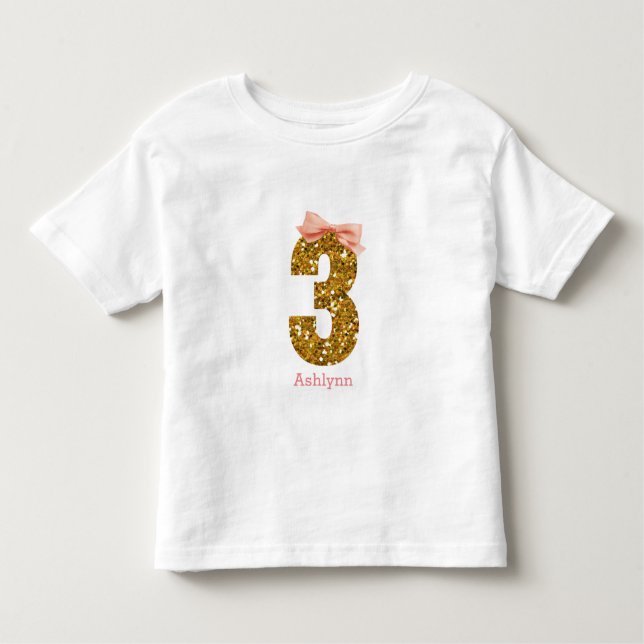 Camiseta De Bebé Purpurina de Oro de Bow Rosado Tres Años (Anverso)