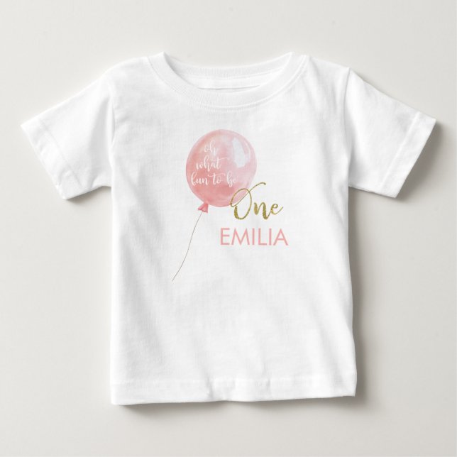 Camiseta De Bebé Purpurina de oro de globo rosa un primer cumpleaño (Anverso)