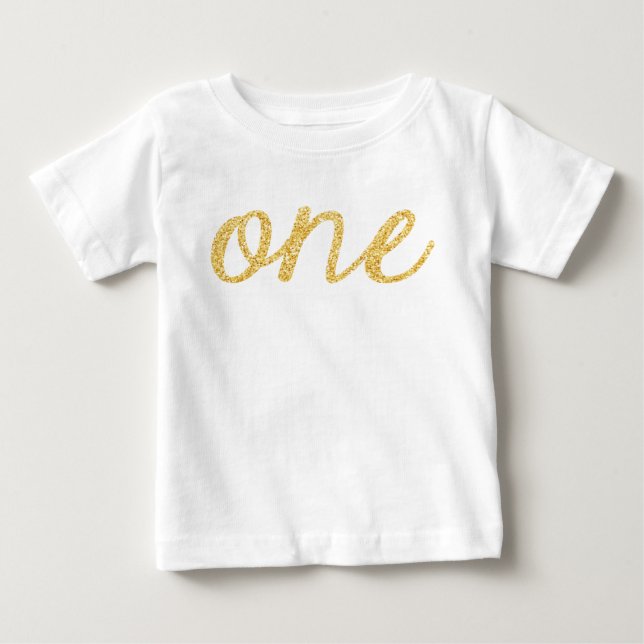 Camiseta De Bebé Purpurina Gold Faux Script Primer cumpleaños (Anverso)