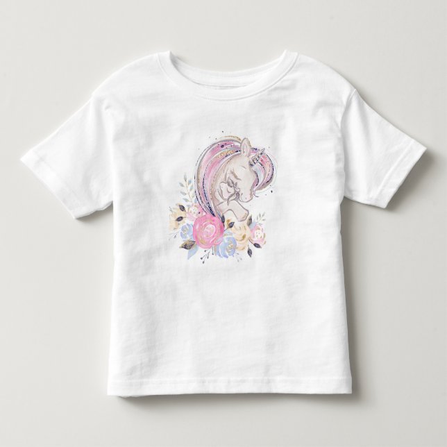 Camiseta De Bebé Purpurina Pastel Gold Unicorn y bebé con flores (Anverso)