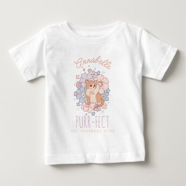 Camiseta De Bebé Purr-fect 1 cumpleaños Chica Kitty Cat Floral (Anverso)
