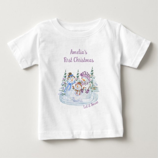 Camiseta De Bebé Que nieve Feliz Chica de Snowman primera Navidad (Anverso)
