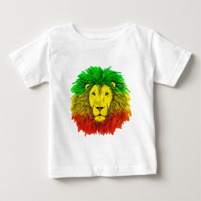 Camiseta De Bebé Rasta cabeza de león rojo dibujo verde amarillo Ja (Anverso)