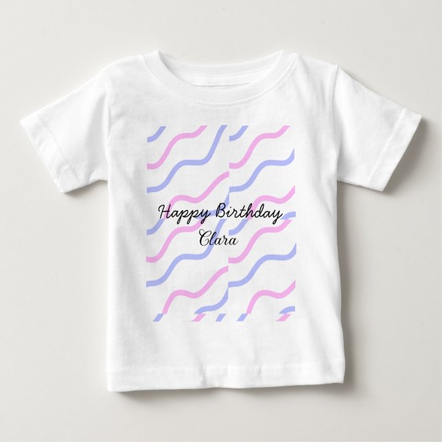 Camiseta De Bebé Rayas moradas rosadas feliz cumpleaños añadir nomb (Anverso)