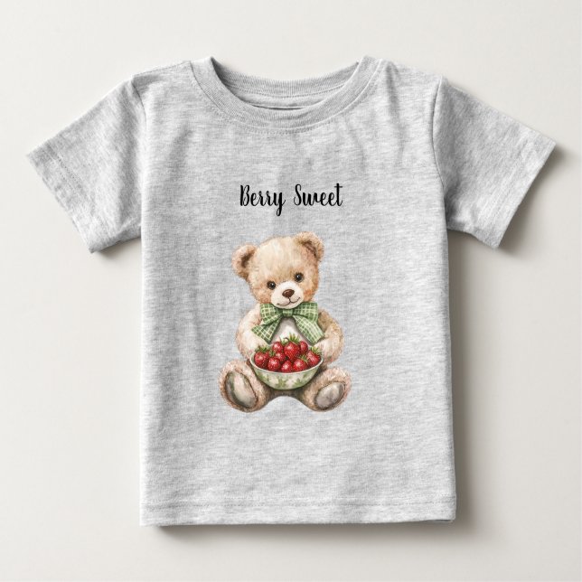 Camiseta De Bebé Red Strawberries Berry Sweet Green Bow Teddy Bear (Anverso)