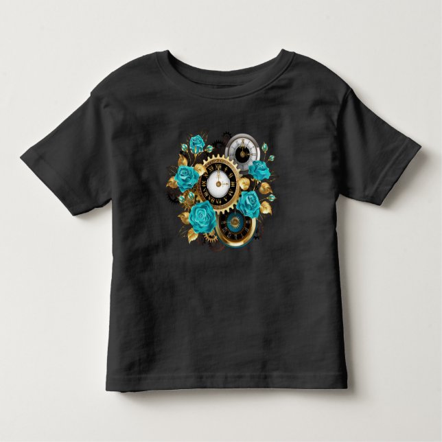 Camiseta De Bebé Reloj de vapor y Rosas turquesa a rayas (Anverso)